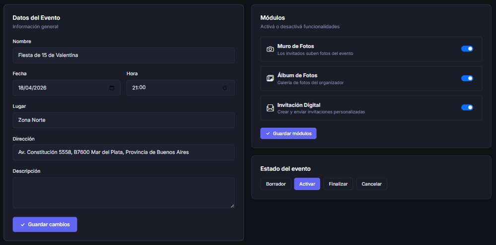 Datos del evento, módulos y estado